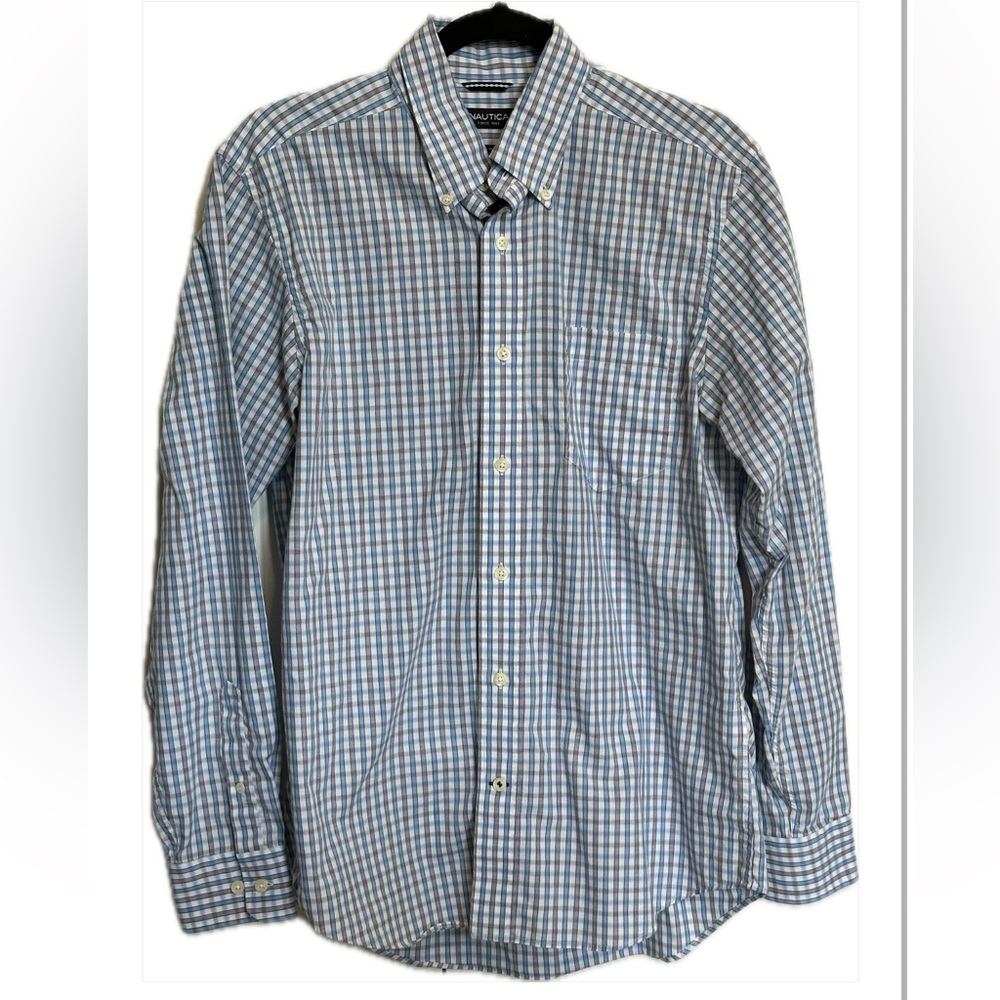 Nautica Slim Fit Wrinkle Resistant Plaid Shirt Light Blue & Gray Men’s Medium